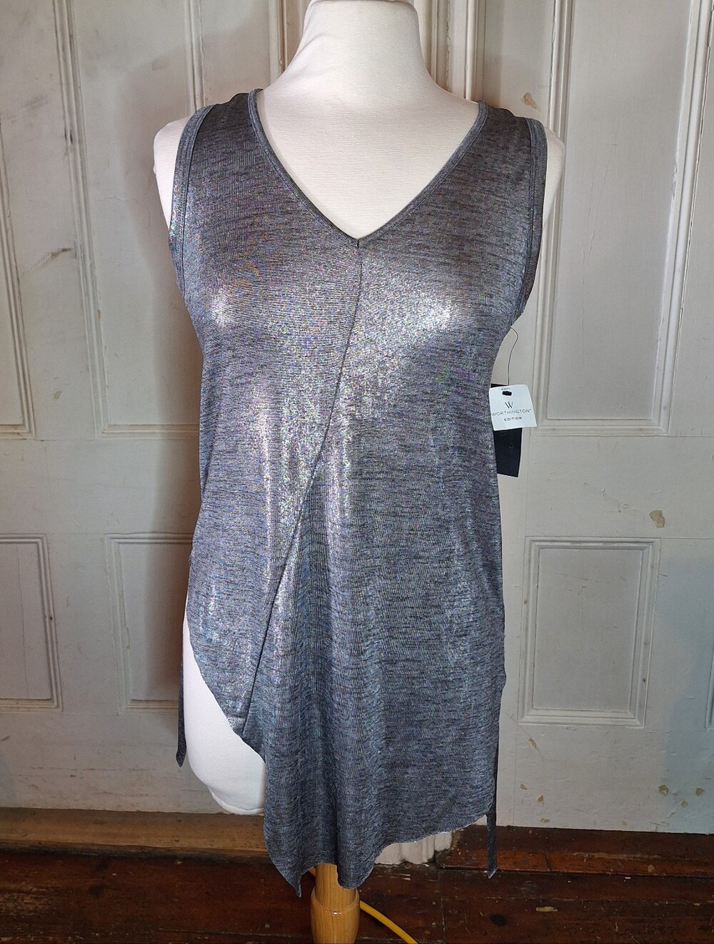 Worthington Black Silver Foil Deep V Neck Sleeveless Mini Dress W Slit NEW